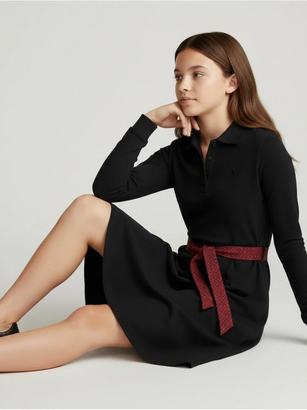 Ralph Lauren Black Long-Sleeve Polo Dress with Red Waist Tie NWT Size 12/14